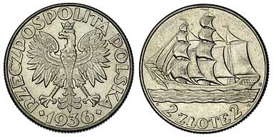 2 złote 1936 (Żaglowiec.)