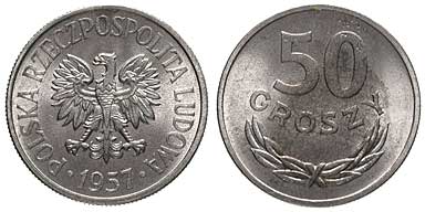 50 groszy 1957 b.z.  (Nominał i gałązka.)